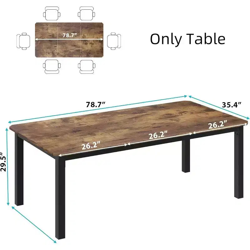 Table de salle à manger industrielle 78 pouces - Table de cuisine pour 6-8 personnes, Table rectangulaire en bois pour salle à manger
