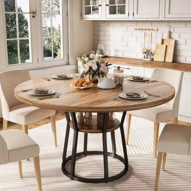 Table à manger ronde pour 4-6 personnes, table de cuisine de ferme ronde de 120 cm avec rangement pour salle à manger, salon, salle de réunion, appartement