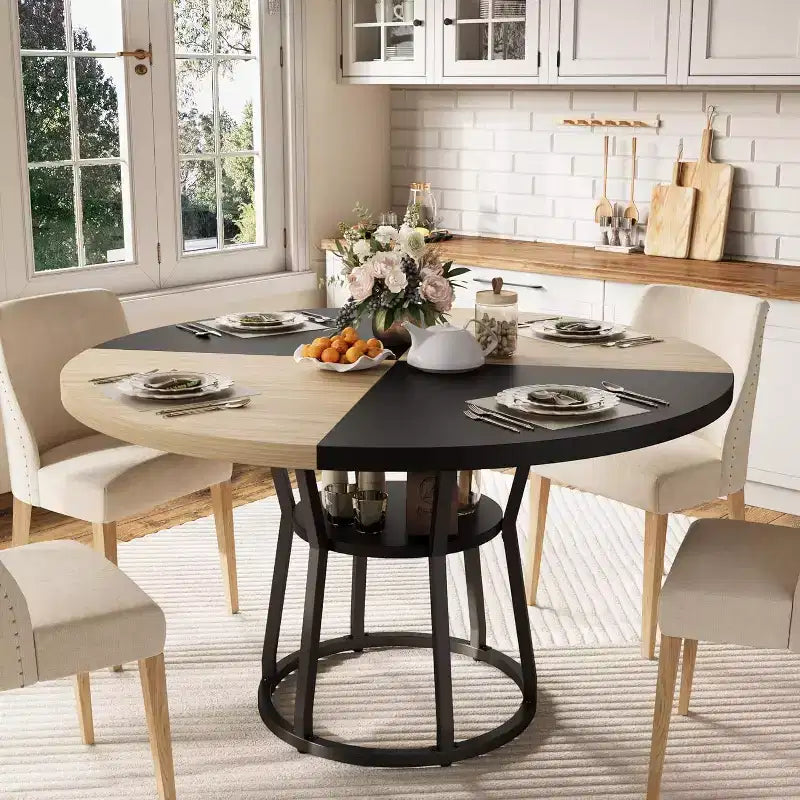 Table à manger ronde pour 4-6 personnes, table de cuisine de ferme ronde de 120 cm avec rangement pour salle à manger, salon, salle de réunion, appartement