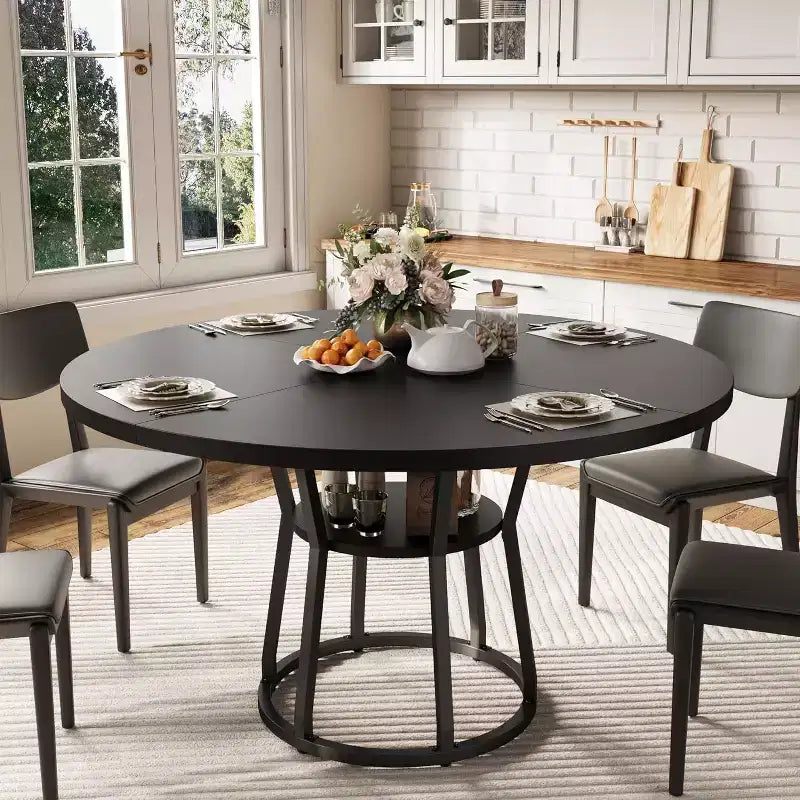 Table à manger ronde pour 4-6 personnes, table de cuisine de ferme ronde de 120 cm avec rangement pour salle à manger, salon, salle de réunion, appartement