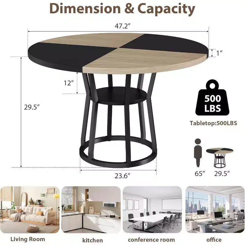 Table à manger ronde pour 4-6 personnes, table de cuisine de ferme ronde de 120 cm avec rangement pour salle à manger, salon, salle de réunion, appartement