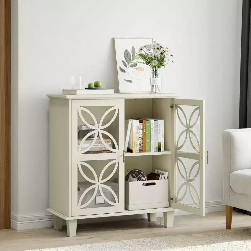 Buffet autoportant avec étagères réglables, console de cuisine moderne rétro, meuble de rangement décoratif à 2 portes, couleur crème