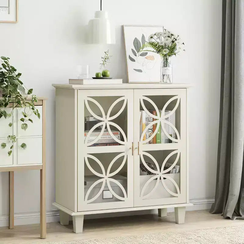 Buffet autoportant avec étagères réglables, console de cuisine moderne rétro, meuble de rangement décoratif à 2 portes, couleur crème