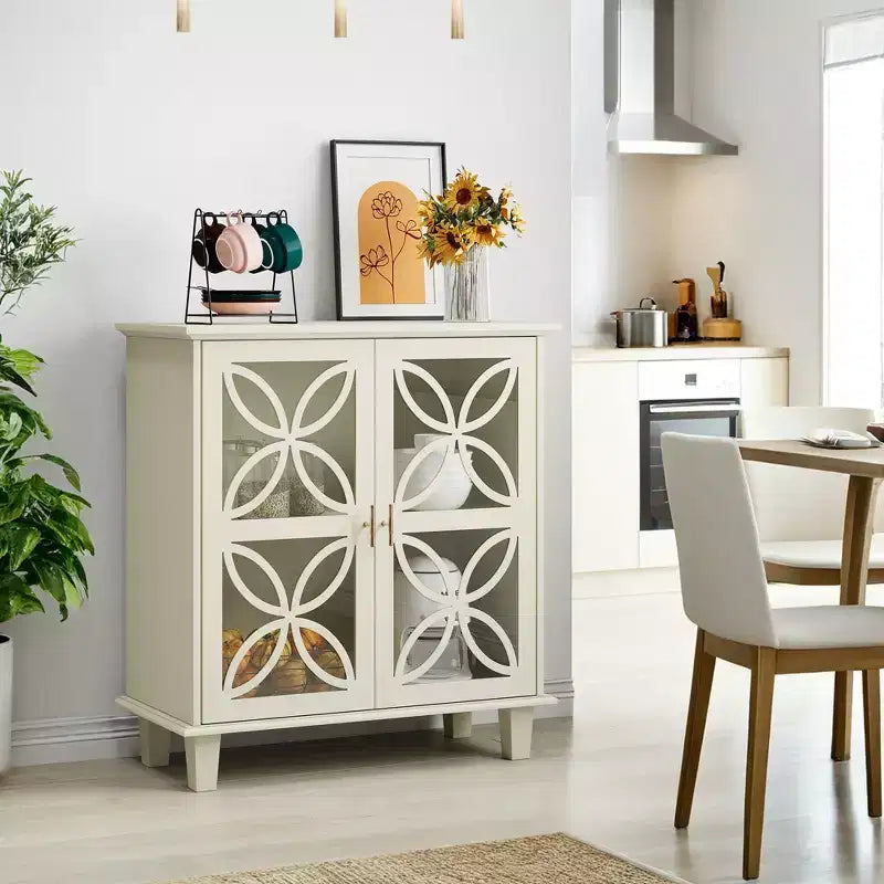 Buffet autoportant avec étagères réglables, console de cuisine moderne rétro, meuble de rangement décoratif à 2 portes, couleur crème