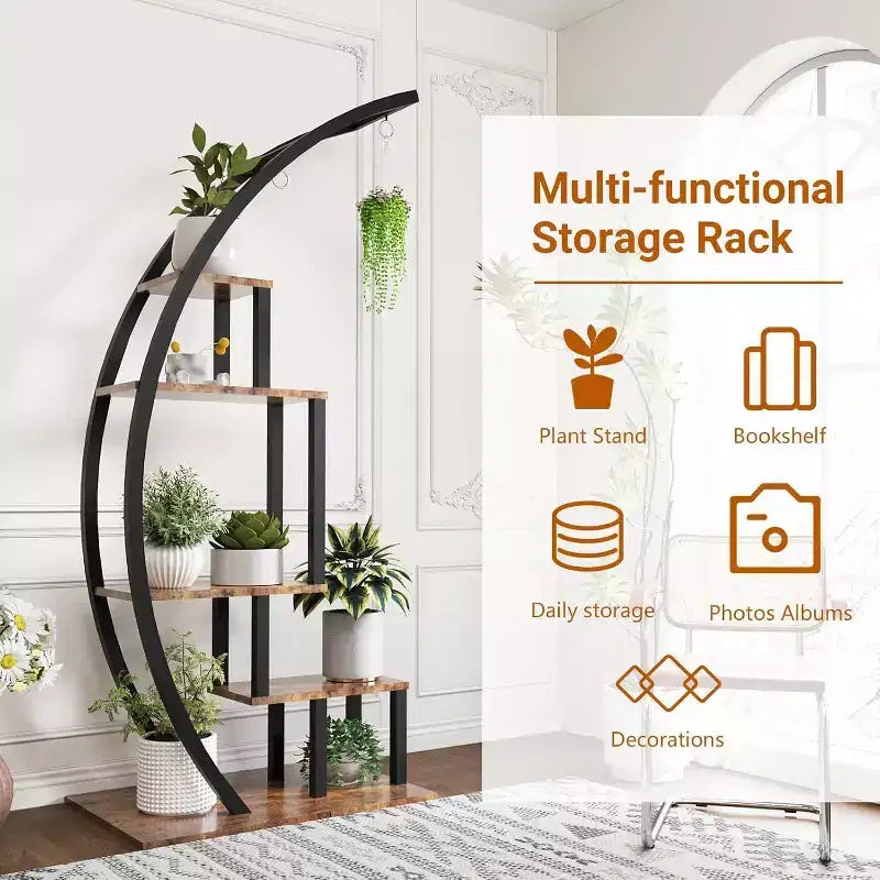 Étagère à plantes ronde à 5 niveaux, Support à plantes d'intérieur en métal en demi-lune, Présentoir à fleurs avec 4 crochets de suspension pour la décoration de la maison, du balcon, du salon et du jardin