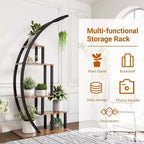 Étagère à plantes ronde à 5 niveaux, Support à plantes d'intérieur en métal en demi-lune, Présentoir à fleurs avec 4 crochets de suspension pour la décoration de la maison, du balcon, du salon et du jardin