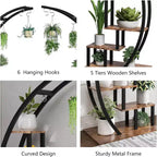 Étagère à plantes ronde à 5 niveaux, Support à plantes d'intérieur en métal en demi-lune, Présentoir à fleurs avec 4 crochets de suspension pour la décoration de la maison, du balcon, du salon et du jardin