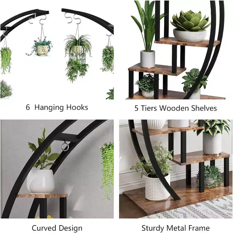 Étagère à plantes ronde à 5 niveaux, Support à plantes d'intérieur en métal en demi-lune, Présentoir à fleurs avec 4 crochets de suspension pour la décoration de la maison, du balcon, du salon et du jardin