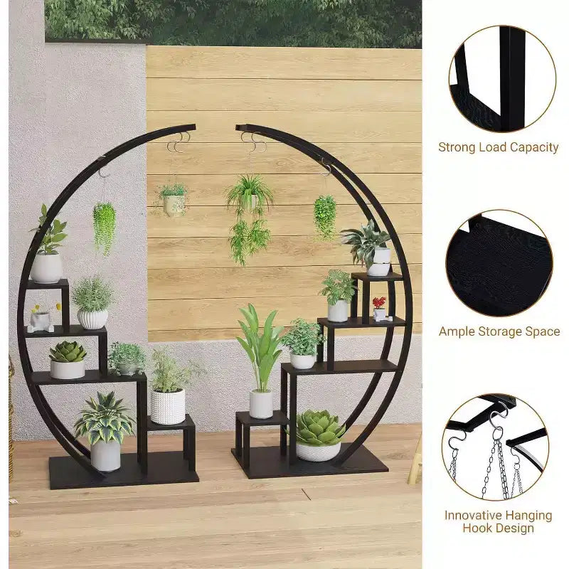 Étagère à plantes ronde à 5 niveaux, Support à plantes d'intérieur en métal en demi-lune, Présentoir à fleurs avec 4 crochets de suspension pour la décoration de la maison, du balcon, du salon et du jardin