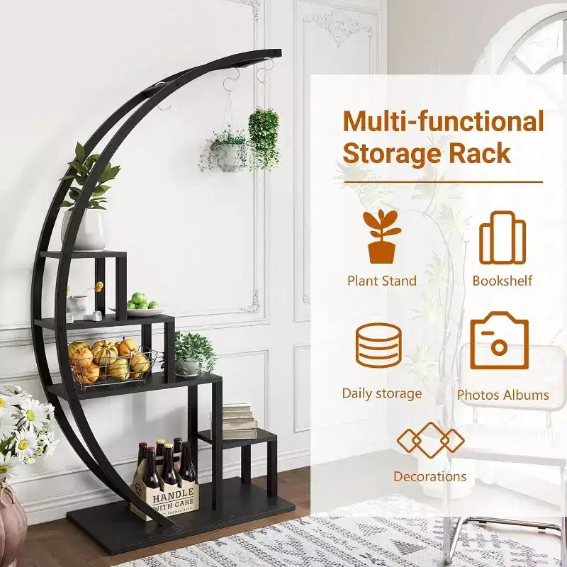 Étagère à plantes ronde à 5 niveaux, Support à plantes d'intérieur en métal en demi-lune, Présentoir à fleurs avec 4 crochets de suspension pour la décoration de la maison, du balcon, du salon et du jardin