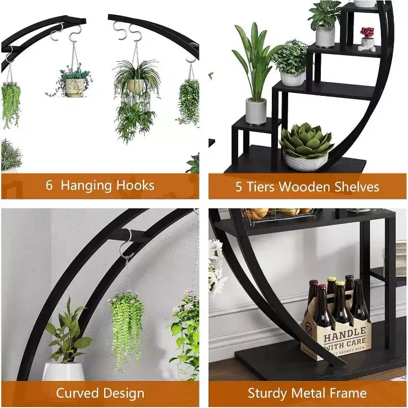 Étagère à plantes ronde à 5 niveaux, Support à plantes d'intérieur en métal en demi-lune, Présentoir à fleurs avec 4 crochets de suspension pour la décoration de la maison, du balcon, du salon et du jardin
