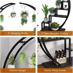 Étagère à plantes ronde à 5 niveaux, Support à plantes d'intérieur en métal en demi-lune, Présentoir à fleurs avec 4 crochets de suspension pour la décoration de la maison, du balcon, du salon et du jardin