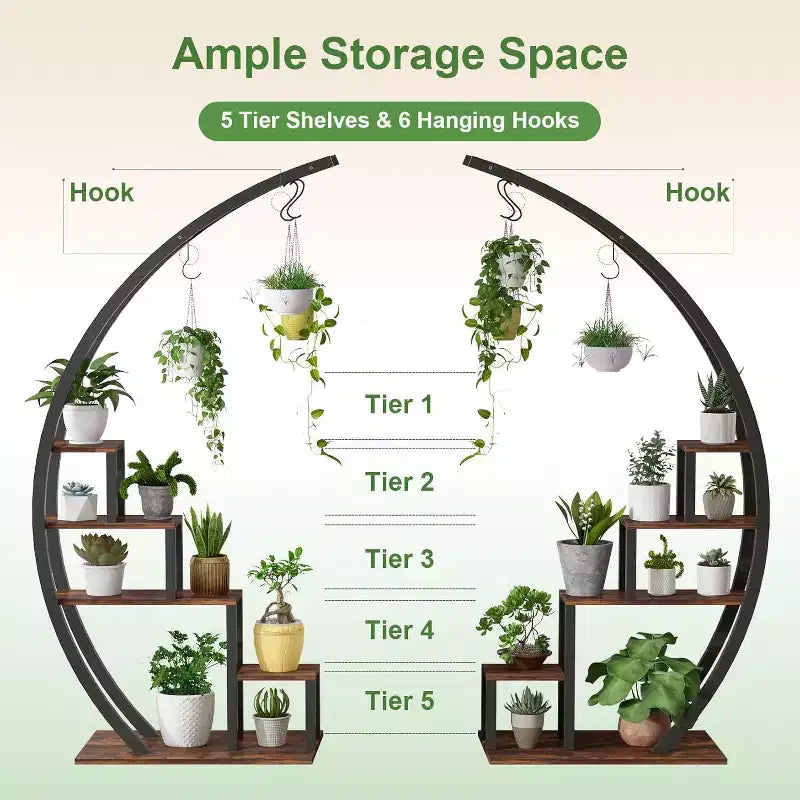 Étagère à plantes ronde à 5 niveaux, Support à plantes d'intérieur en métal en demi-lune, Présentoir à fleurs avec 4 crochets de suspension pour la décoration de la maison, du balcon, du salon et du jardin