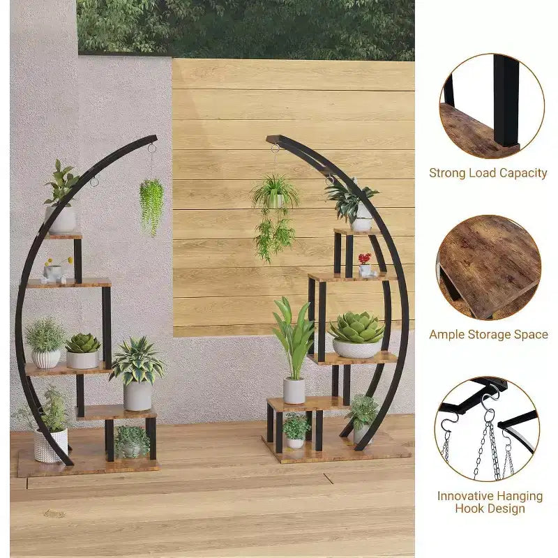 Étagère à plantes ronde à 5 niveaux, Support à plantes d'intérieur en métal en demi-lune, Présentoir à fleurs avec 4 crochets de suspension pour la décoration de la maison, du balcon, du salon et du jardin