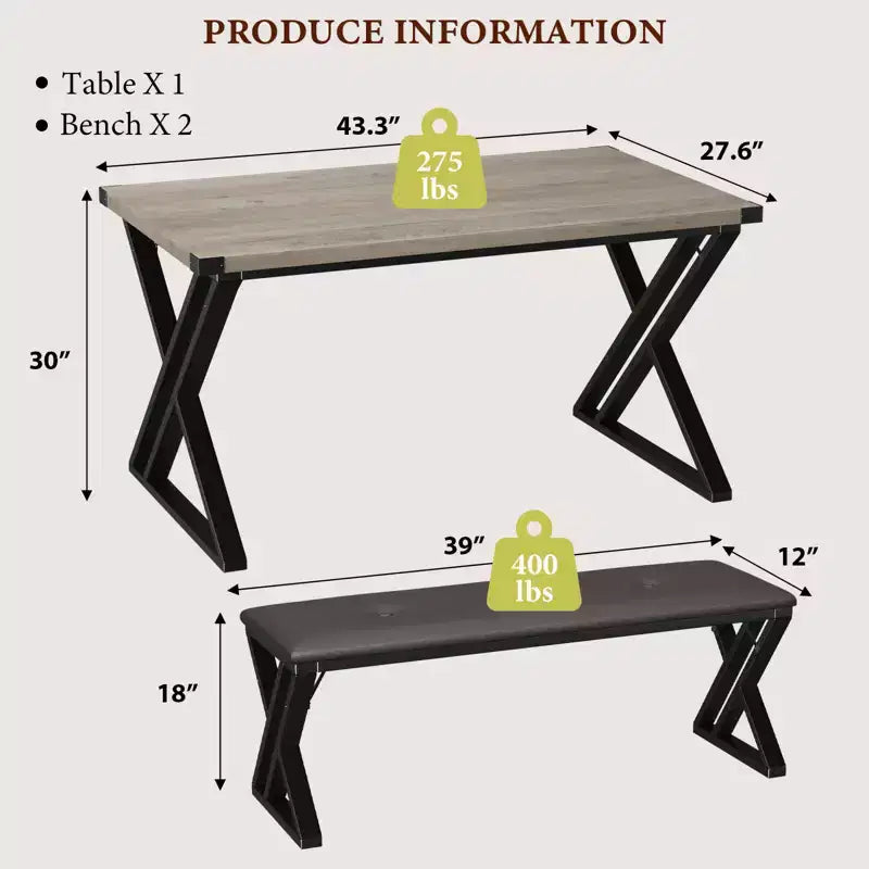 Table de salle à manger, Table de cuisine pour 4 personnes, Ensemble de salle à manger 3 pièces avec 2 bancs pour petit espace, appartement, salle à manger, gain de place