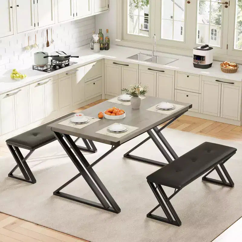 Table de salle à manger, Table de cuisine pour 4 personnes, Ensemble de salle à manger 3 pièces avec 2 bancs pour petit espace, appartement, salle à manger, gain de place