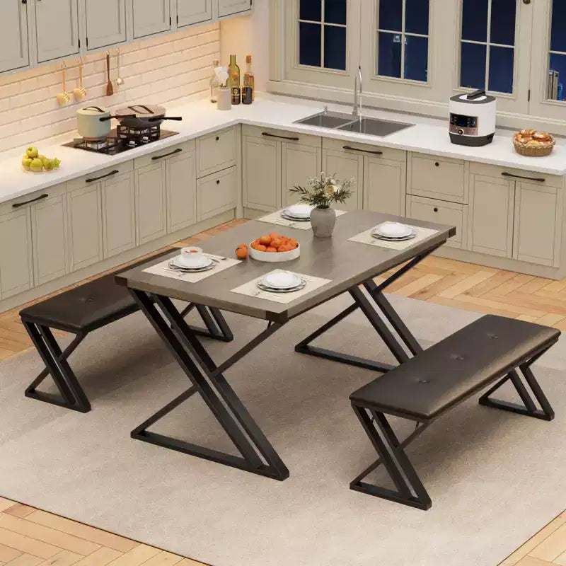 Table de salle à manger, Table de cuisine pour 4 personnes, Ensemble de salle à manger 3 pièces avec 2 bancs pour petit espace, appartement, salle à manger, gain de place