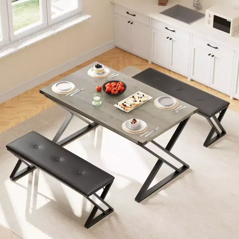 Table de salle à manger, Table de cuisine pour 4 personnes, Ensemble de salle à manger 3 pièces avec 2 bancs pour petit espace, appartement, salle à manger, gain de place