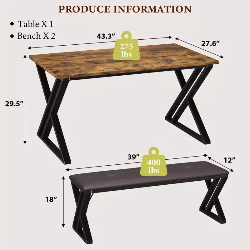 Table de salle à manger, Table de cuisine pour 4 personnes, Ensemble de salle à manger 3 pièces avec 2 bancs pour petit espace, appartement, salle à manger, gain de place