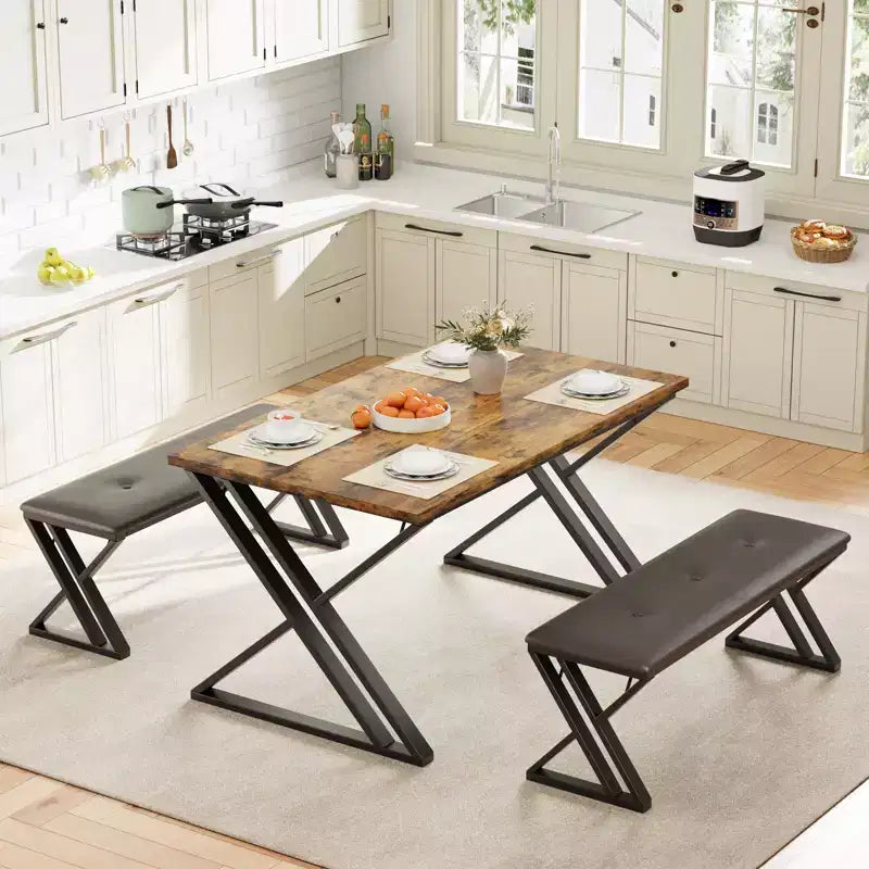 Table de salle à manger, Table de cuisine pour 4 personnes, Ensemble de salle à manger 3 pièces avec 2 bancs pour petit espace, appartement, salle à manger, gain de place