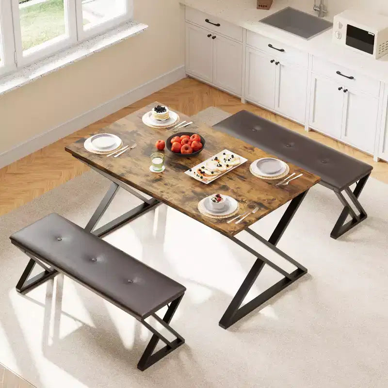 Table de salle à manger, Table de cuisine pour 4 personnes, Ensemble de salle à manger 3 pièces avec 2 bancs pour petit espace, appartement, salle à manger, gain de place
