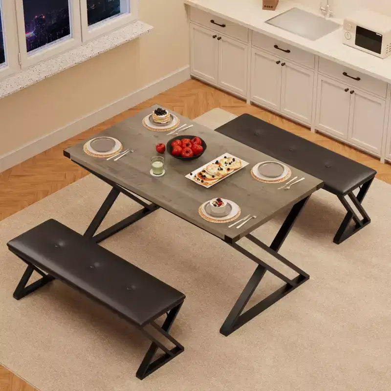 Table de salle à manger, Table de cuisine pour 4 personnes, Ensemble de salle à manger 3 pièces avec 2 bancs pour petit espace, appartement, salle à manger, gain de place