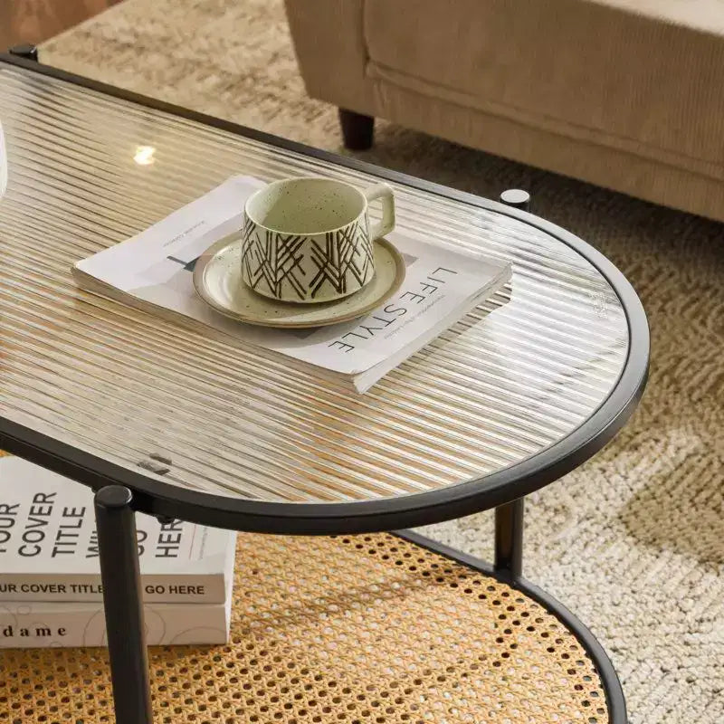 Table basse ovale en rotin blanc