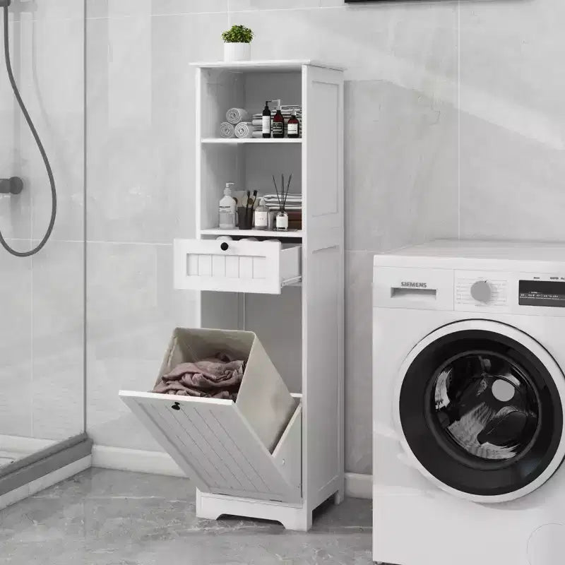 Meuble de rangement avec un tiroir et une étagère ouverte, meuble de tri de linge basculant pour salle de bain, salon, blanc