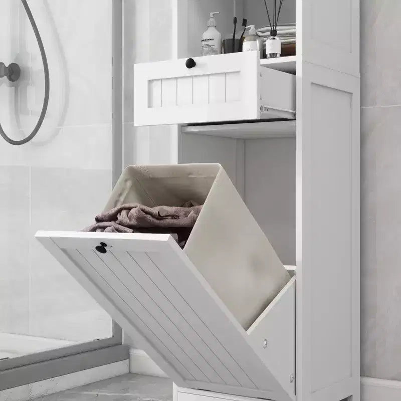 Meuble de rangement avec un tiroir et une étagère ouverte, meuble de tri de linge basculant pour salle de bain, salon, blanc