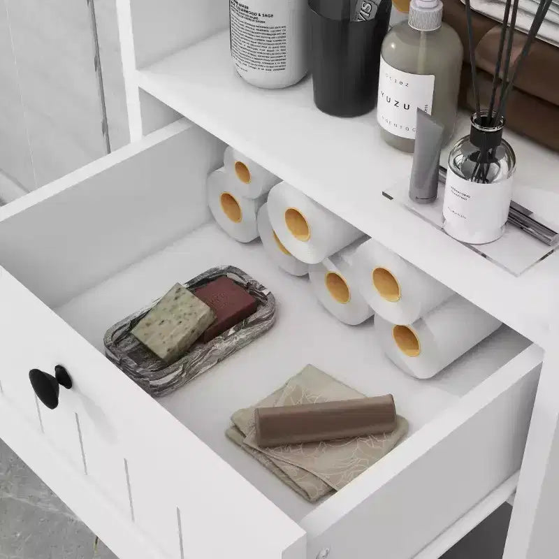 Meuble de rangement avec un tiroir et une étagère ouverte, meuble de tri de linge basculant pour salle de bain, salon, blanc