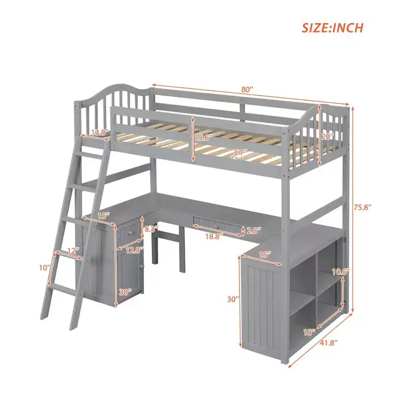 Lit mezzanine simple avec armoire, cadre de lit mezzanine simple en bois massif avec bureau et étagères