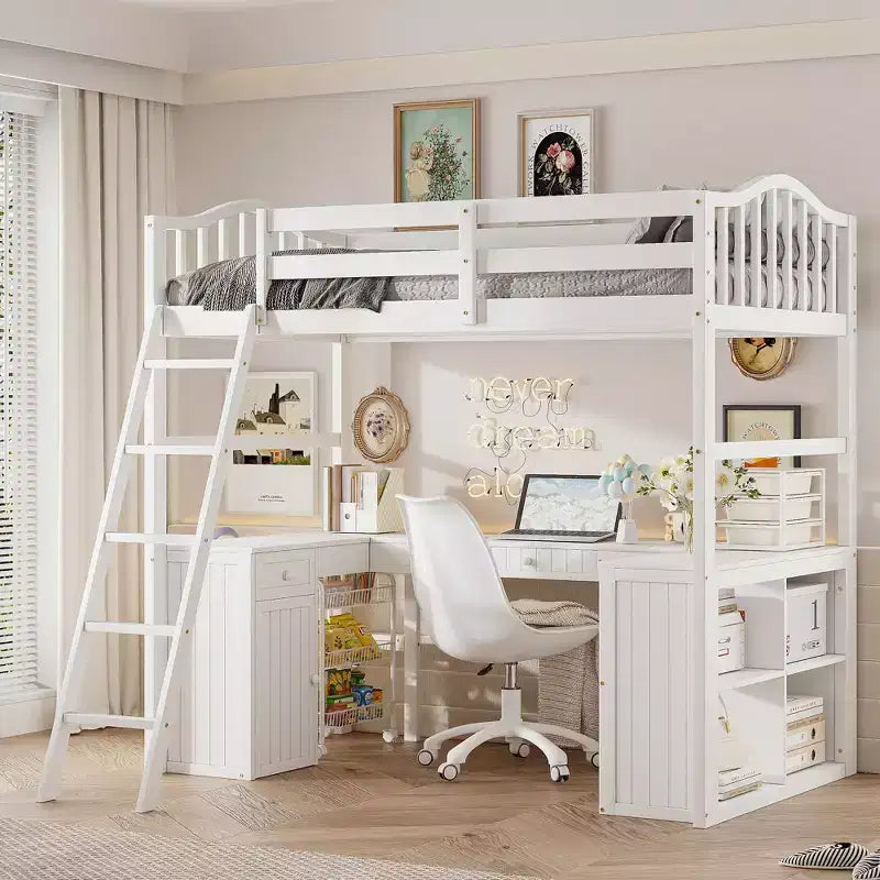 Lit mezzanine simple avec armoire, cadre de lit mezzanine simple en bois massif avec bureau et étagères