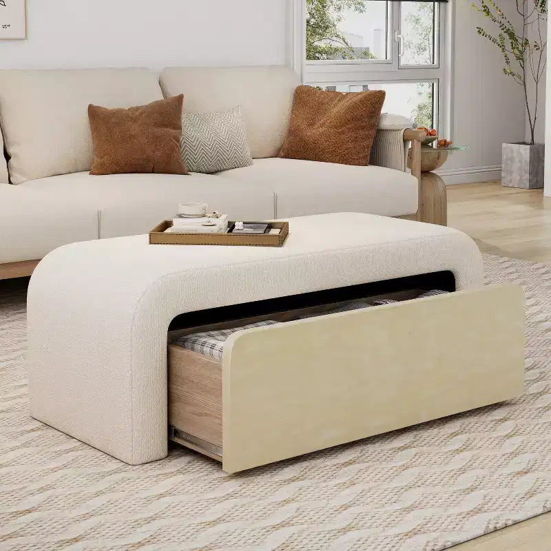 Pouf ottoman moderne rembourré en tissu bouclé avec tiroir