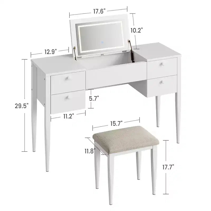 Coiffeuse de maquillage de 47" avec miroir rabattable, 3 modes d'éclairage, coiffeuse 3-en-1 avec 5 tiroirs, coiffeuse avec chaise pour chambre à coucher