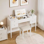 Coiffeuse de maquillage de 47" avec miroir rabattable, 3 modes d'éclairage, coiffeuse 3-en-1 avec 5 tiroirs, coiffeuse avec chaise pour chambre à coucher