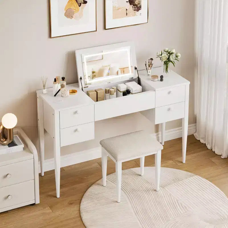 Coiffeuse de maquillage de 47" avec miroir rabattable, 3 modes d'éclairage, coiffeuse 3-en-1 avec 5 tiroirs, coiffeuse avec chaise pour chambre à coucher