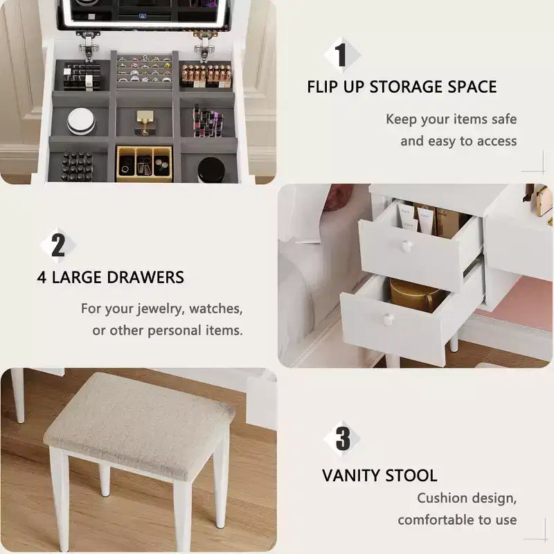 Coiffeuse de maquillage de 47" avec miroir rabattable, 3 modes d'éclairage, coiffeuse 3-en-1 avec 5 tiroirs, coiffeuse avec chaise pour chambre à coucher