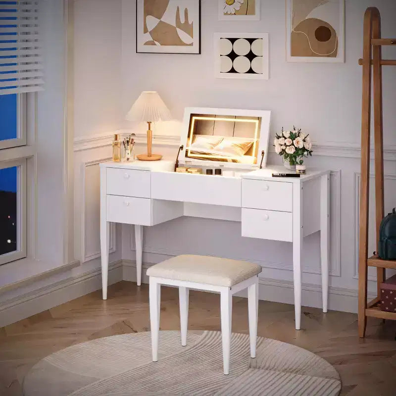 Coiffeuse de maquillage de 47" avec miroir rabattable, 3 modes d'éclairage, coiffeuse 3-en-1 avec 5 tiroirs, coiffeuse avec chaise pour chambre à coucher