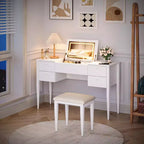 Coiffeuse de maquillage de 47" avec miroir rabattable, 3 modes d'éclairage, coiffeuse 3-en-1 avec 5 tiroirs, coiffeuse avec chaise pour chambre à coucher