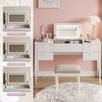 Coiffeuse de maquillage de 47" avec miroir rabattable, 3 modes d'éclairage, coiffeuse 3-en-1 avec 5 tiroirs, coiffeuse avec chaise pour chambre à coucher