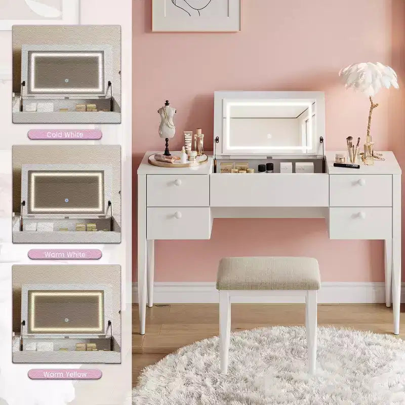 Coiffeuse de maquillage de 47" avec miroir rabattable, 3 modes d'éclairage, coiffeuse 3-en-1 avec 5 tiroirs, coiffeuse avec chaise pour chambre à coucher