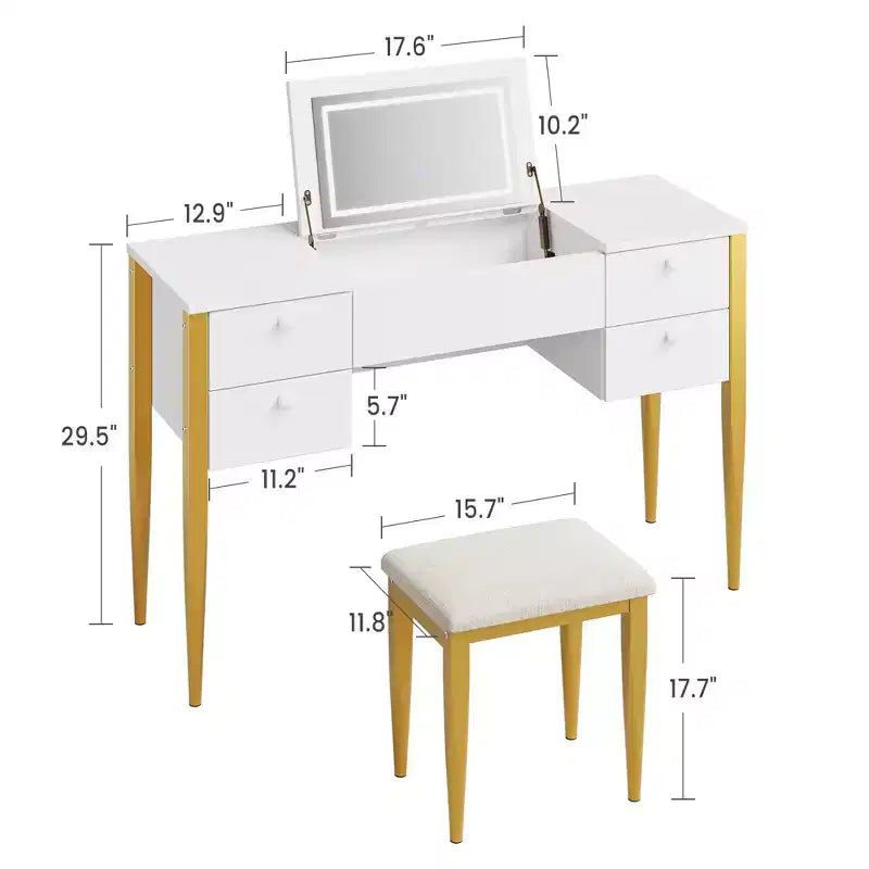 Coiffeuse de maquillage de 47" avec miroir rabattable, 3 modes d'éclairage, coiffeuse 3-en-1 avec 5 tiroirs, coiffeuse avec chaise pour chambre à coucher
