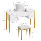 Coiffeuse de maquillage de 47" avec miroir rabattable, 3 modes d'éclairage, coiffeuse 3-en-1 avec 5 tiroirs, coiffeuse avec chaise pour chambre à coucher