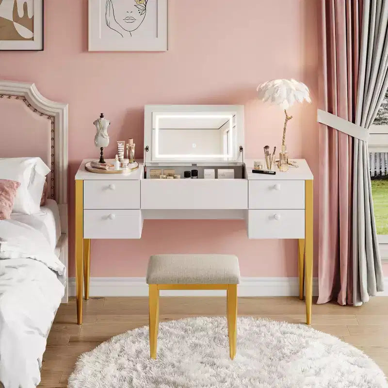 Coiffeuse de maquillage de 47" avec miroir rabattable, 3 modes d'éclairage, coiffeuse 3-en-1 avec 5 tiroirs, coiffeuse avec chaise pour chambre à coucher