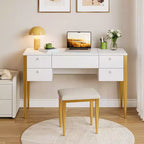 Coiffeuse de maquillage de 47" avec miroir rabattable, 3 modes d'éclairage, coiffeuse 3-en-1 avec 5 tiroirs, coiffeuse avec chaise pour chambre à coucher