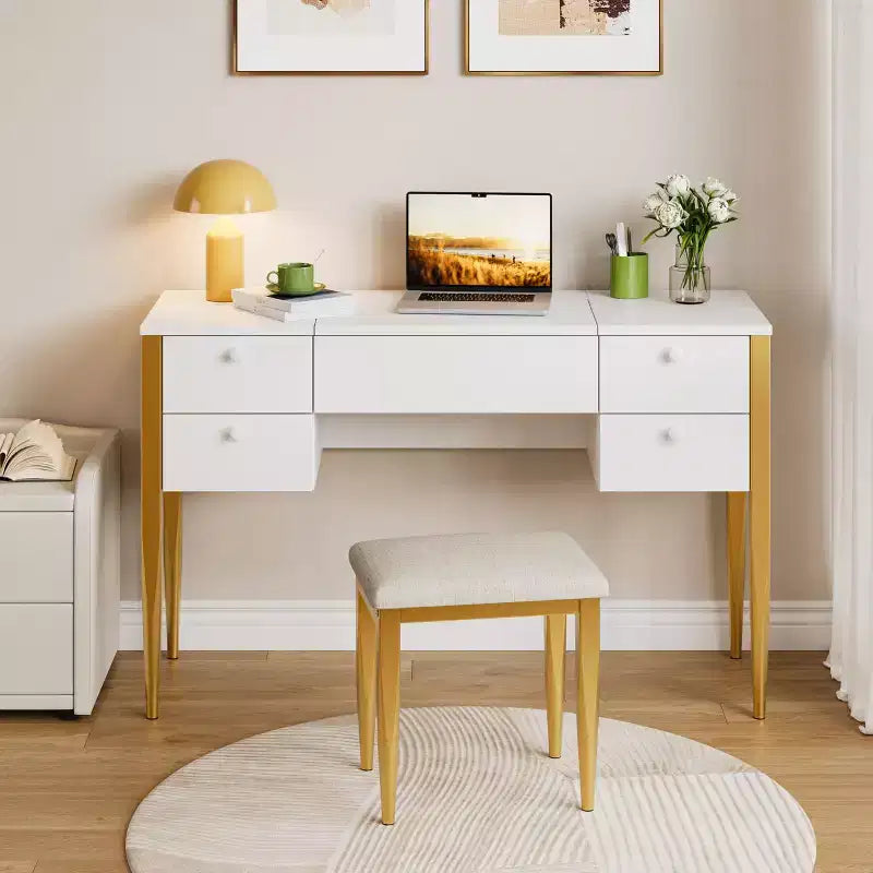 Coiffeuse de maquillage de 47" avec miroir rabattable, 3 modes d'éclairage, coiffeuse 3-en-1 avec 5 tiroirs, coiffeuse avec chaise pour chambre à coucher
