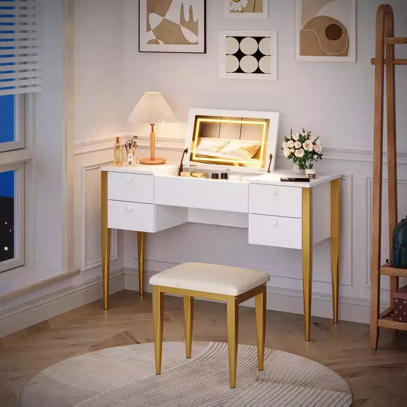 Coiffeuse de maquillage de 47" avec miroir rabattable, 3 modes d'éclairage, coiffeuse 3-en-1 avec 5 tiroirs, coiffeuse avec chaise pour chambre à coucher
