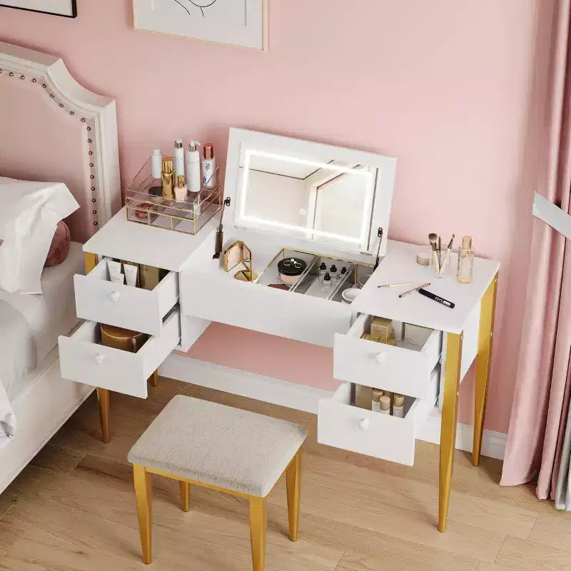 Coiffeuse de maquillage de 47" avec miroir rabattable, 3 modes d'éclairage, coiffeuse 3-en-1 avec 5 tiroirs, coiffeuse avec chaise pour chambre à coucher