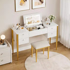 Coiffeuse de maquillage de 47" avec miroir rabattable, 3 modes d'éclairage, coiffeuse 3-en-1 avec 5 tiroirs, coiffeuse avec chaise pour chambre à coucher