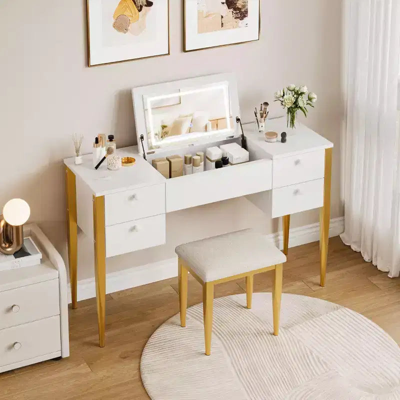 Coiffeuse de maquillage de 47" avec miroir rabattable, 3 modes d'éclairage, coiffeuse 3-en-1 avec 5 tiroirs, coiffeuse avec chaise pour chambre à coucher